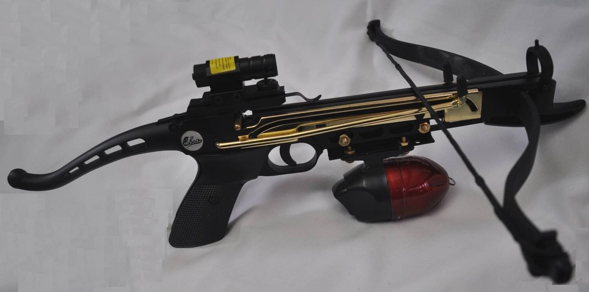crossbow pistol fishing reel Mini Striker The Legend Kit, Compound Self Cocking with Fishing Kit, Guideline, Optics, Detachable Buttstock and More! : Sports & Outdoors and outdoor fun 80 lbs FISHING CROSSBOW WITH