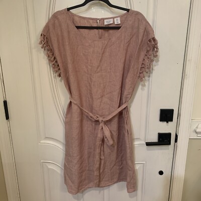 ANTIBES BLANC Shift Dress Size L Pink 100% Linen Coastal Beach Resort Lagenlook