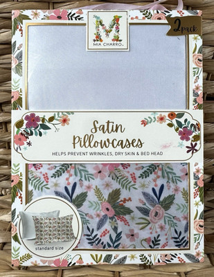 2 Mia Charro Satin Standard Pillowcases Pink Floral, Prevents Wrinkles Bed Head