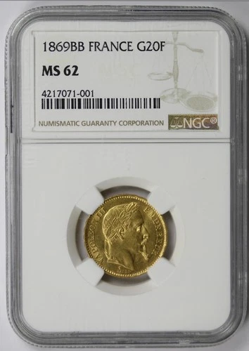 1869 BB France Gold 20 Francs G20F MS 62 NGC