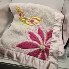 VTG Kids Line Pink Flower Butterfly Fleece Baby Blanket Satin Trim 40x30 RARE