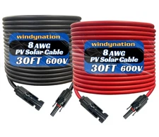 WindyNation 8 AWG 8 Gauge Pair 30 Feet Black + 30 Feet Red PV Photovoltaic So...