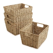 4pk Seagrass Storage Baskets w Handles 12x9x6, Wicker Bins for Shelves, Natural