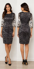 Tahari Women's Sheath Dress Size 6 Gray Leopard Print 3/4 Sleeve Career Dress Go