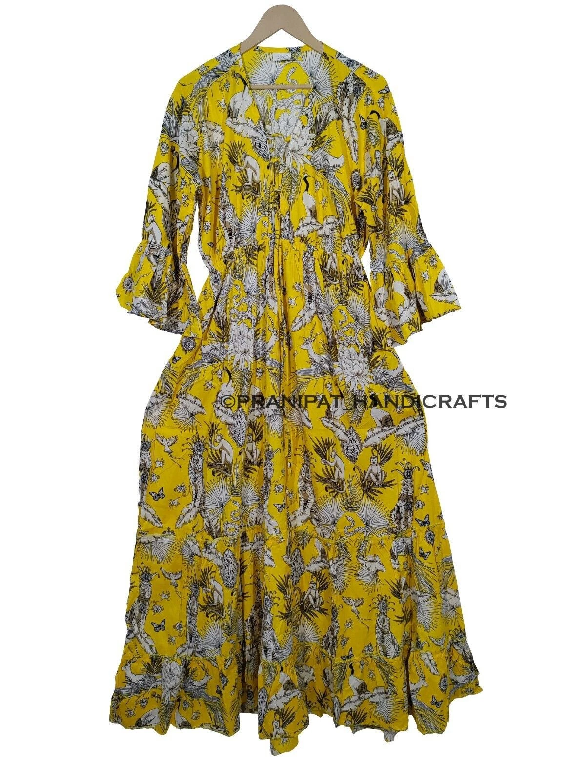 Indian Cotton Tiger Print Gypsy Beach Cover Yellow Summer Boho Party Wear Dress