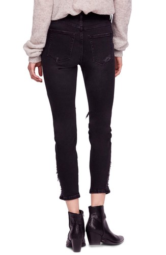 Free People About A Girl Ripped High Waist Crop Skinny Black Jeans Pockets Sz 29 - Picture 2 of 12