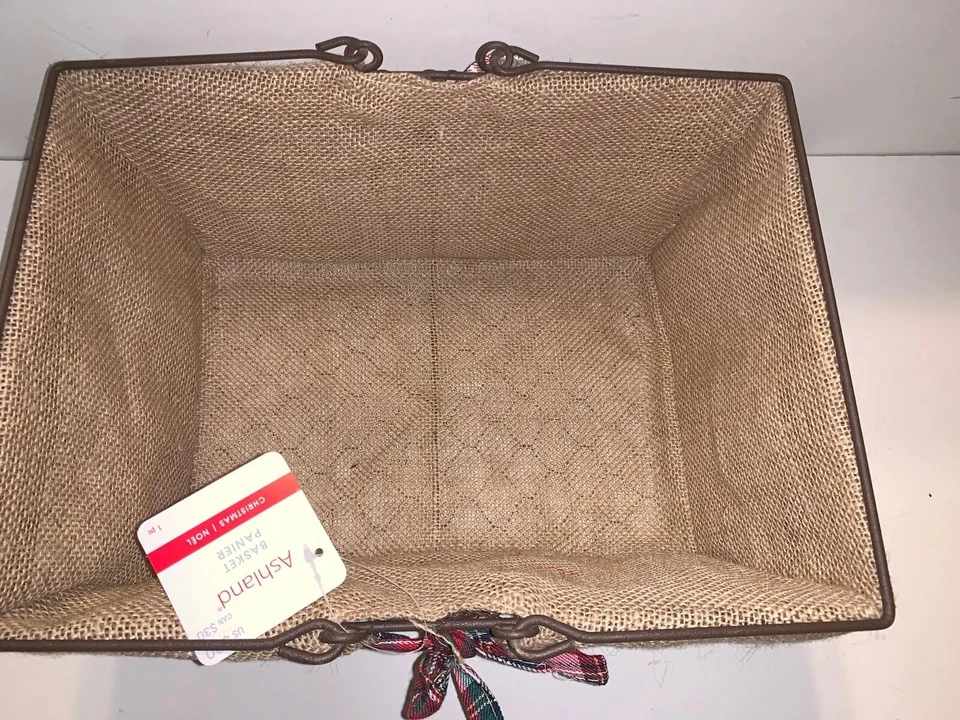 ASHLAND Wire Rectangular Handle Basket Jute Lining Plaid Bow NWT Christmas Decor - Image 2 of 4