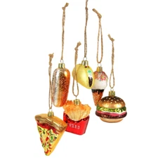Set of 6 Junk Food Burger Fries Pizza Taco Cody Foster Glass Ornaments Christmas