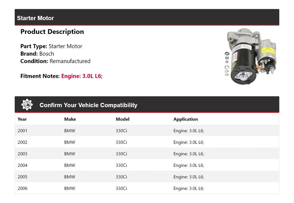 For 2001-2006 BMW 330Ci 3.0L L6 Bosch Starter (Remanufactured) 2002 2003 2004 - Image 2 of 4