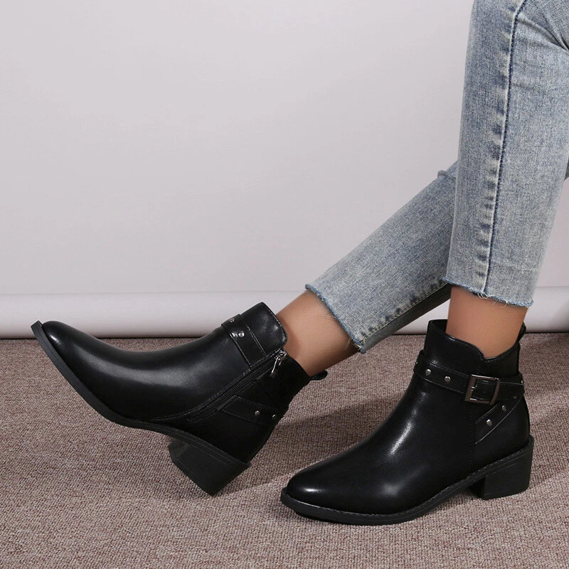 Women Block Low Heel Round Toe Ladies Chelsea Boots Rivet Strap Ankle Boots | eBay