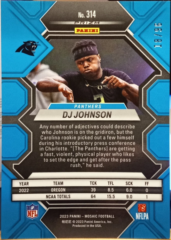2023 Panini Mosaic DJ Johnson Rookie Carolina Blue Sparkle Prizm /96 SP #314 NFL - Image 2 of 2