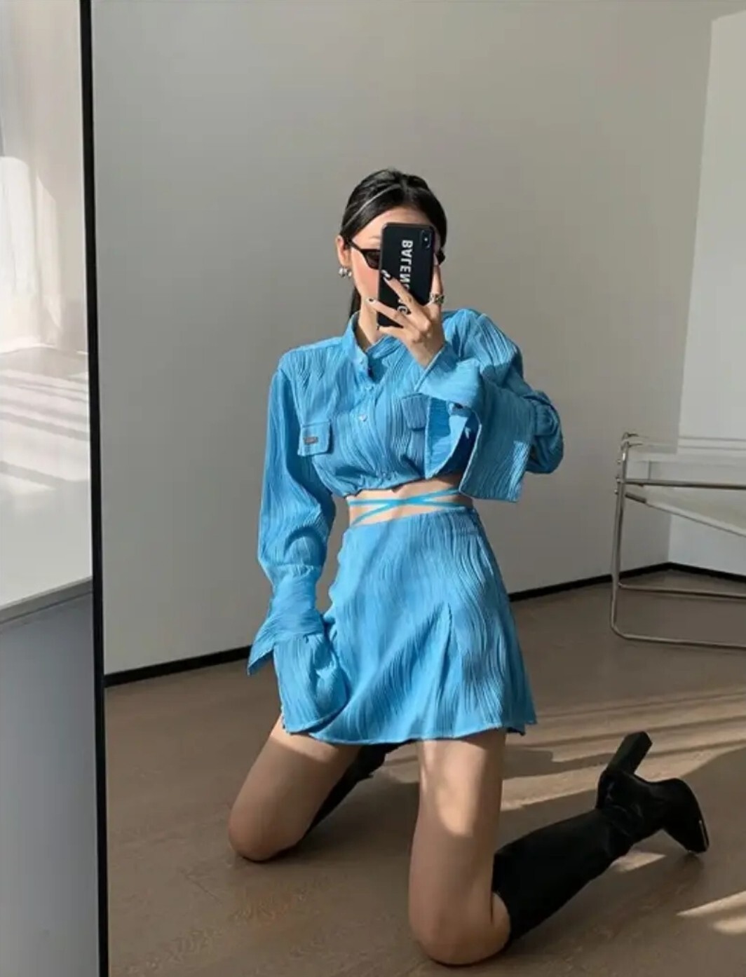 Women's Crisscross Tie Back Flap Detail Crop Shirt & Skirt - Blue