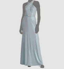 260 Ralph Lauren Women's Blue Foil-Printed Crossover Belted Halter Gown Dress 4