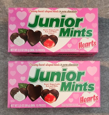 Junior Mints Hearts 2 Boxes Limited Edition Red & White Centers Pure Chocolate