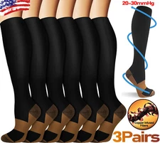 3 Pairs Copper Compression Socks 20-30mmHg Graduated Support Unisex Knee Socks