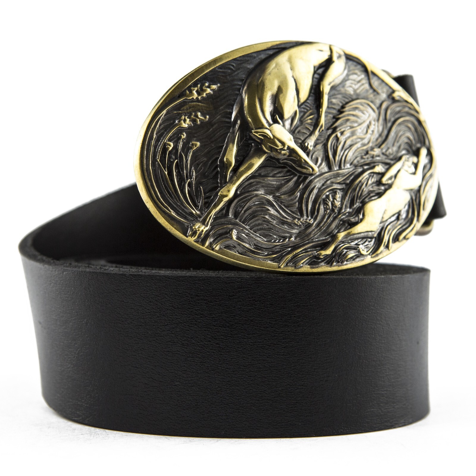 Leather belt with brass buckle Hare hunting, greyhound on a hunting, trophy gift-image