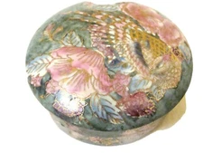 VINTAGE C&F ENTERPRISES TRINKET BOX WITH LID-TURQUOISE/AQUA/PINKS-GOLD TRIMMED-