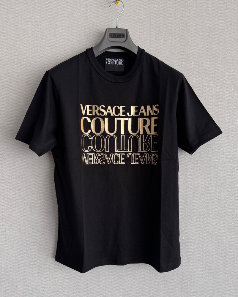 Versace Jeans Couture T-shirt LARGE Size Metallic Gold Tone Logo Black Cotton