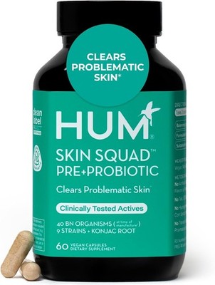 HUM Skin Squad Probiotics for Women and Men, Skin Care Supplement 60 Capsules