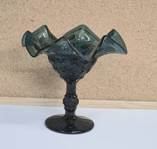 Vintage Teal Glass Pedestal Ruffled Compote Dish Diamond Pattern Bowl 