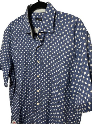 Hammer Made Faded Glory Short Sleeve Shirt Washed Blue Stars 100% Linen Size XLT