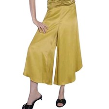 Zara Wide Leg Cropped Pants Culottes Gold Satin Flowy Asymmetric Hem Women's M