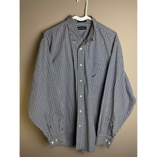 Nautica Mens Gingham Check Button Down Shirt Navy Blue White Long Sleeve Size L