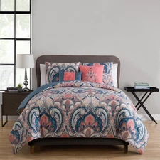 5-Pcs Coral Damask Reversible Comforter Set Bedding Full/Queen Machine Washable