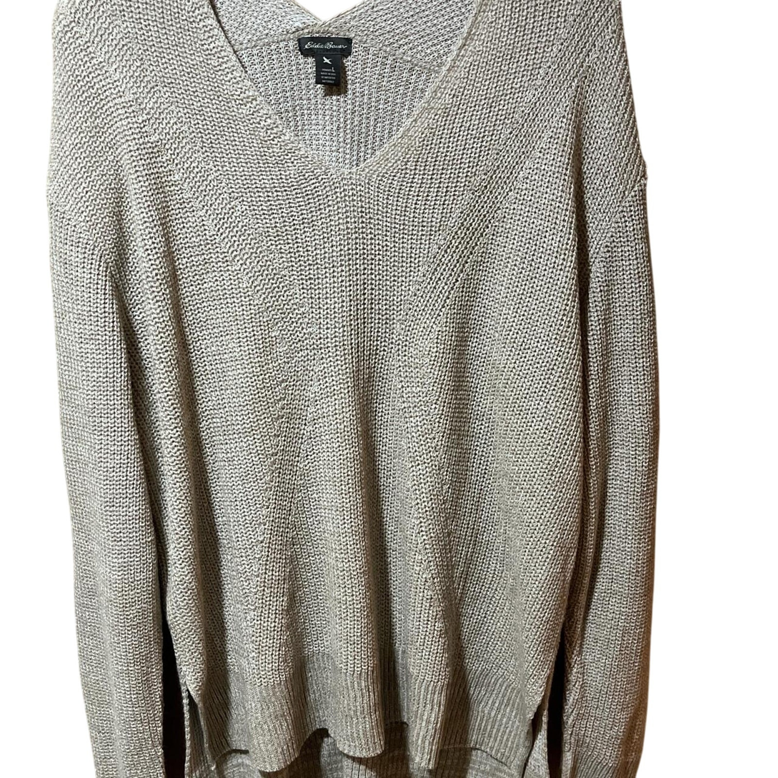 Eddie bauer women's oversized soft grey sweater v neck relaxed fit size large