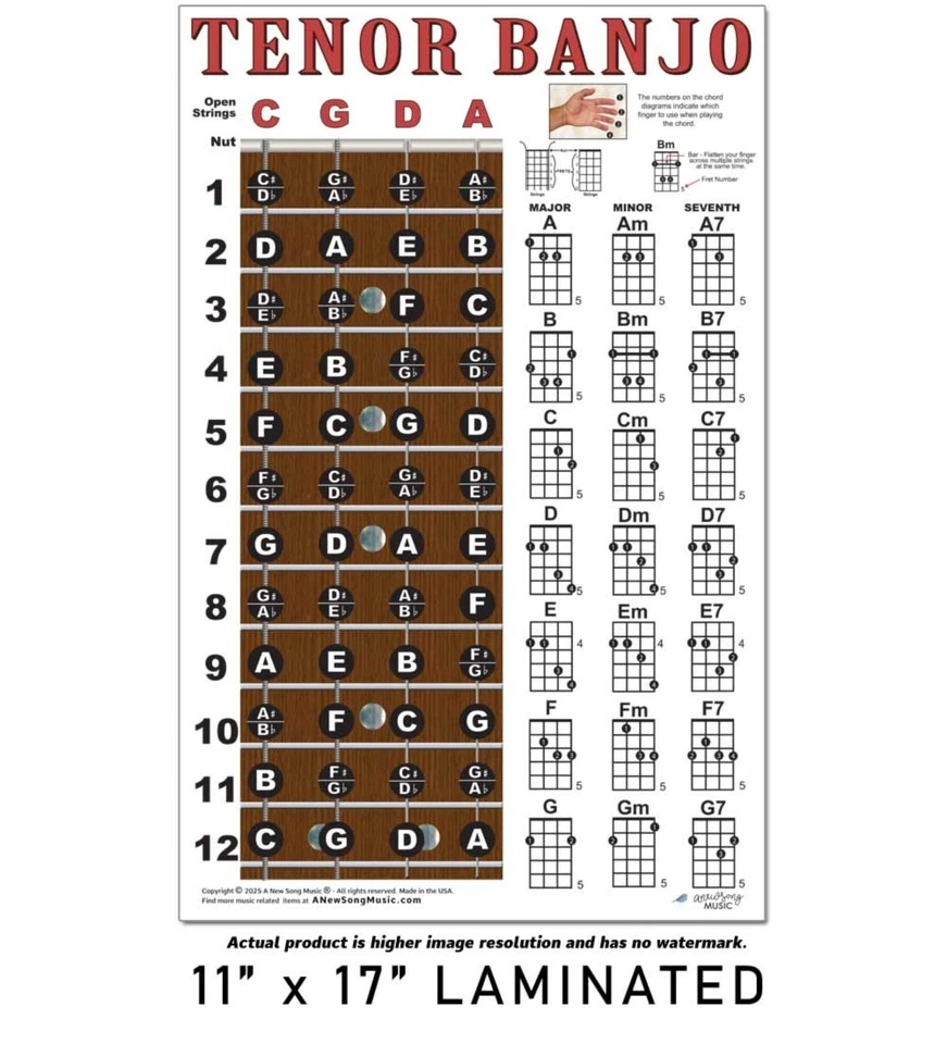 Laminated Tenor Banjo 4 String Fingerboard Wall Chord Chart Poster Notes Chords - Image 3 of 4
