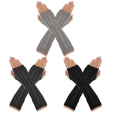 3 Pairs Arm Warmers Knit Thumbhole Stretchy Gloves Black, Light Grey, Dark Grey