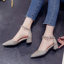Women's High Block heels Pointed toe Glitter Ankle Strap Rhinestone Pumps Shoes