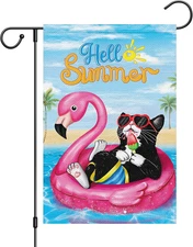 Hello Summer Black Cat Garden Flag 12X18 Double Sided, Burlap Small Beach Pool Y