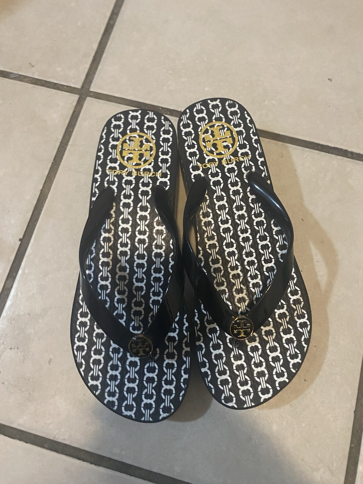 Tory Burch Women's Logo Geometric Flip Flop Sandals Black White Gold PVC Rubber