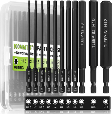 11Pcs 4'' Allen Wrench Drill Bit Set 1.5mm-12mm, 1/4'' Hex Shank Long Metric He...