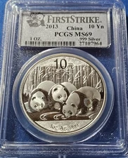 CHINA 2013 FIRST STRIKE SILVER  PANDA 10 YN PCGS MS69