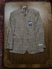 Made In USA - 50R- Silk & Cotton - Joseph Abboud Taupe Windowpane - Blazer