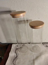 2 Vintage Round Glass Tall Spaghetti Jar Canisters With Wooden Lids Nice
