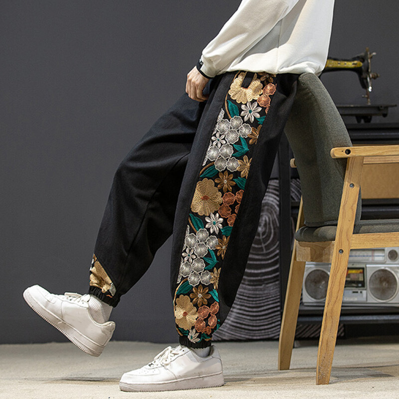 Men Embroidered Tapered Pants Loose Elastic Waist Trousers