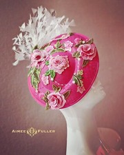 Kentucky Derby Fascinator Hot Pink Hat Royal Ascot Rose Applique White Green