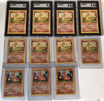 Pokémon 1999 1st Edition Shadowless Charmander 8.5, 9, 4 Raw Charmeleon 3 Raw