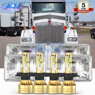 4PCS 4x6'' LED Headlights With DRL For Kenworth W900 T400/800 Peterbilt 357 379