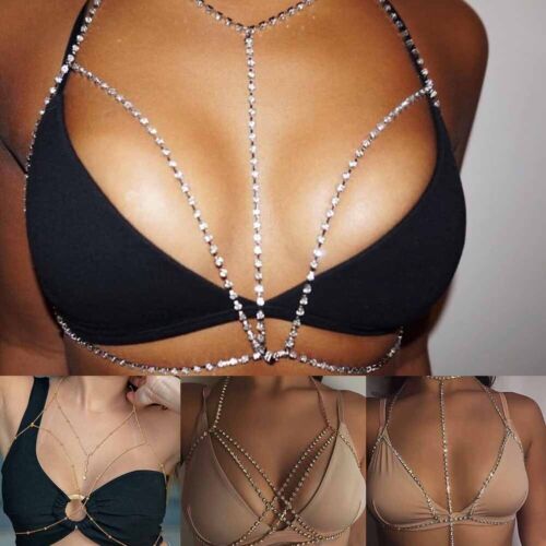 Damen Halskette Harness Kristall Brust Body Chain Strand Bikini Bra Schmuck - Bild 1 von 12
