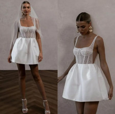 Vintage Short A Line Wedding Dresses Spaghetti Pearls Top Satin Wedding Dress