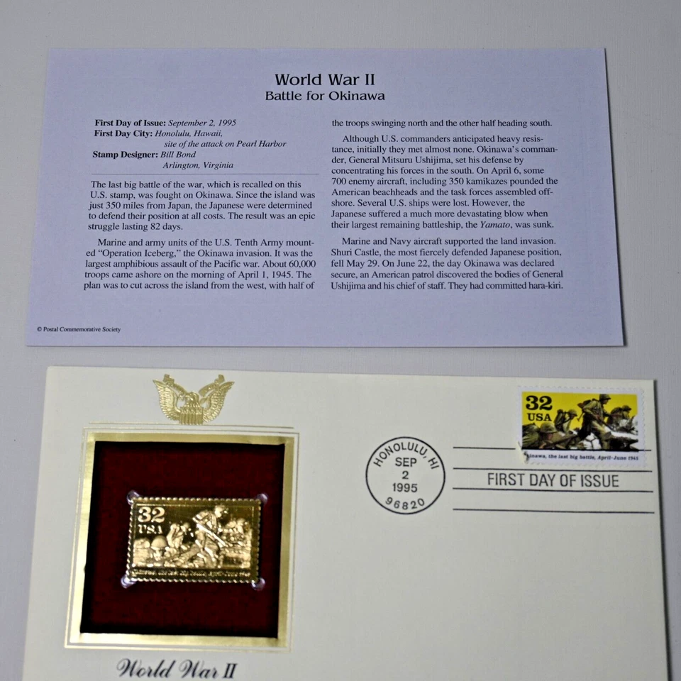 World War II-Battle of Okinawa 1st day issue Golden Replica 32 cent postage stam - Image 2 of 4