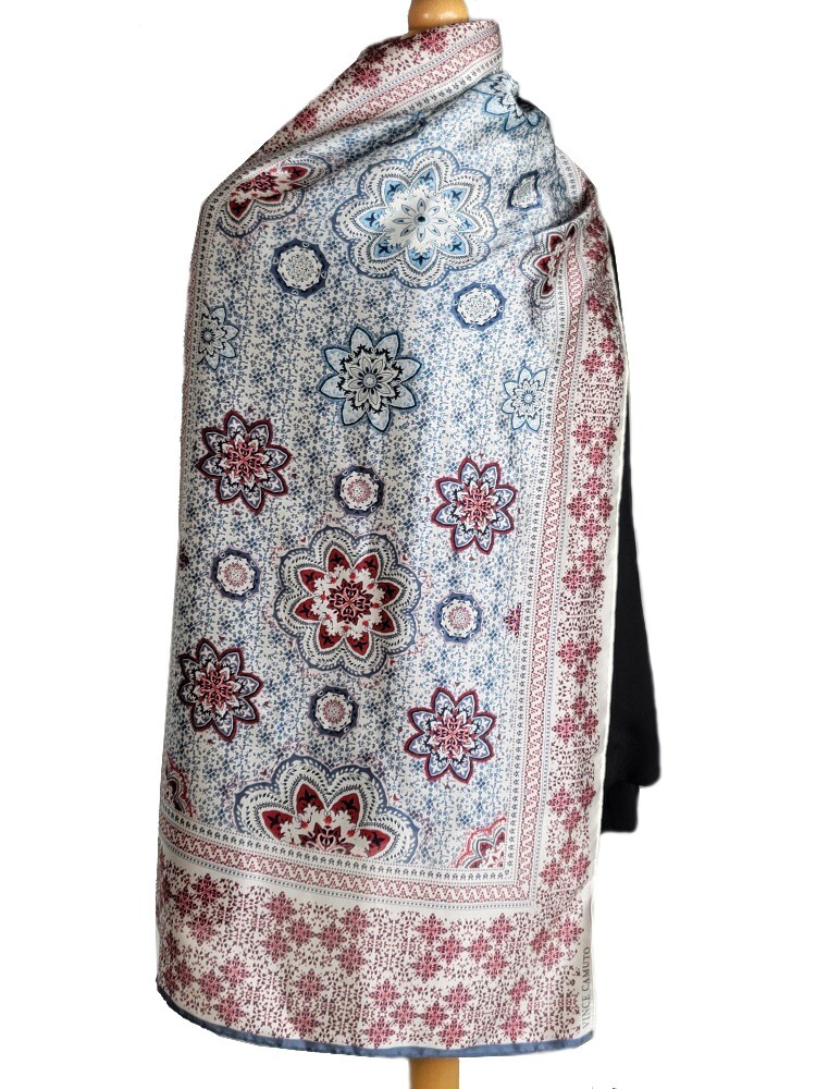 Vince Camuto Maroon Blue White Geometric Floral Rectangular Scarf