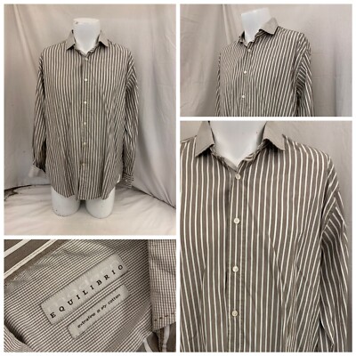 Equilibrio Modern Flip Cuff Shirt L Tan Stripe Cotton Turkey Mint YGI P1-281