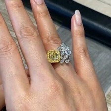 3Ct Cushion Lab Created Yellow Citrine Flower Engagement Ring 14K White Plated