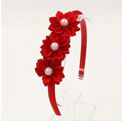 Red Flower Pearl Accent Adorable Hair Ribbon Girl Headband Hair Accessory