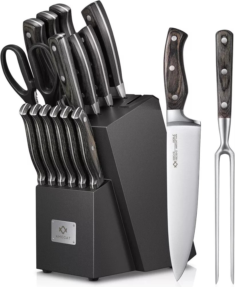 Knife Set, 15-Piece Kitchen Knife Set with Block Wooden German Stainless Steel-image